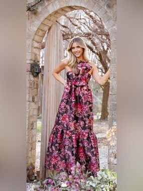 Petal & Pup Betina Bow Front Maxi Dress, Brown Floral, Size XS